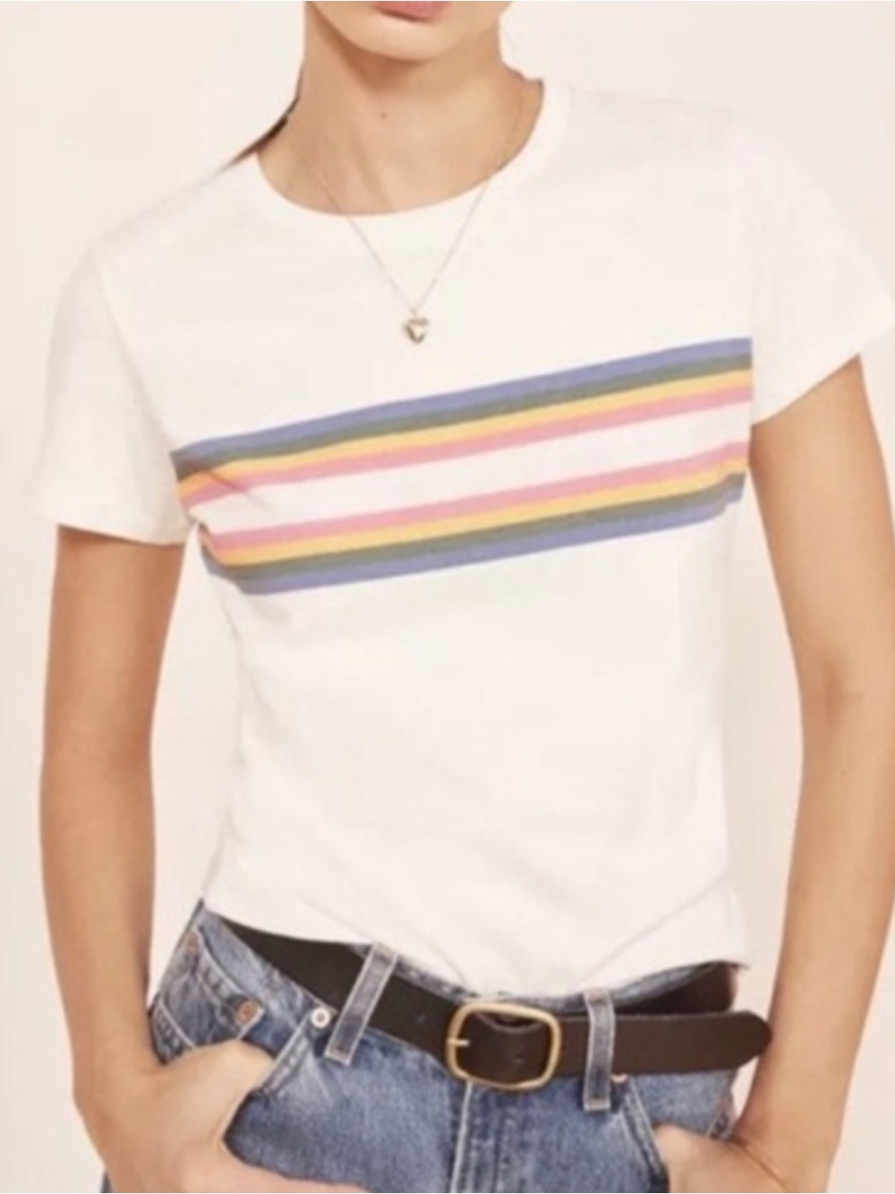 Reformation Off White Tee with Rainbow Stripe